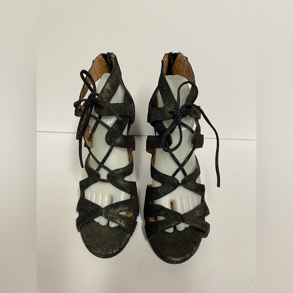 Jeffrey Campbell Ibiza Laramie suede lace up sandals heels black shimmer 10 - Picture 4 of 10